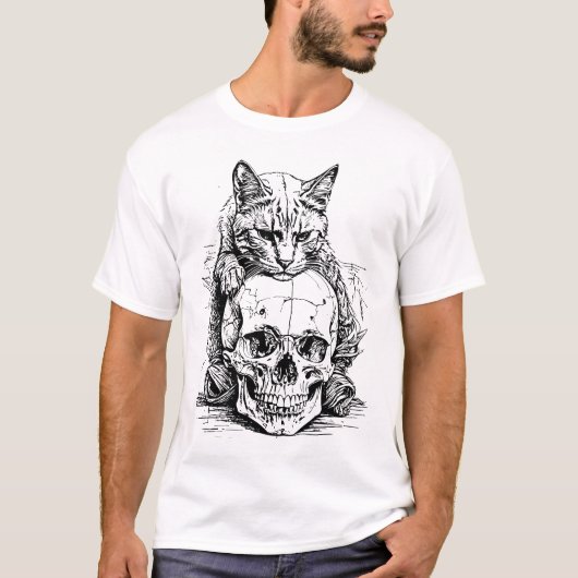スカルの守護者 – 暗黒猫の世界 Tシャツ (正面)