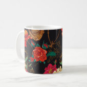 スカルの花:シームレスな暗い背景。 コーヒーマグカップ (正面左)