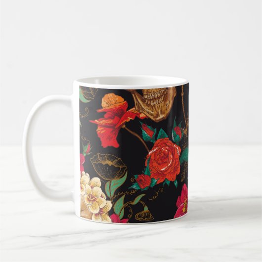 スカルの花:シームレスな暗い背景。 コーヒーマグカップ (左)