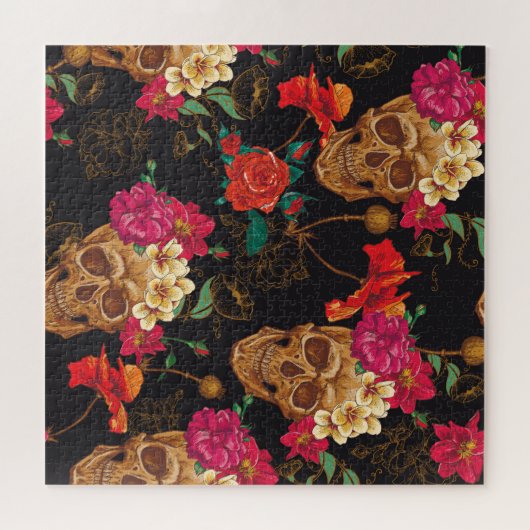 スカルの花:シームレスな暗い背景。 ジグソーパズル (横)