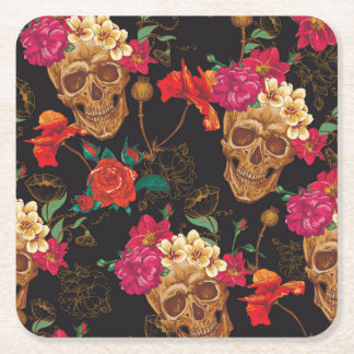 スカルの花：シームレスな暗い背景。 スクエアペーパーコースター