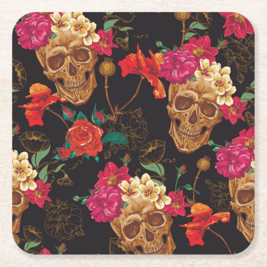 スカルの花：シームレスな暗い背景。 スクエアペーパーコースター (正面)