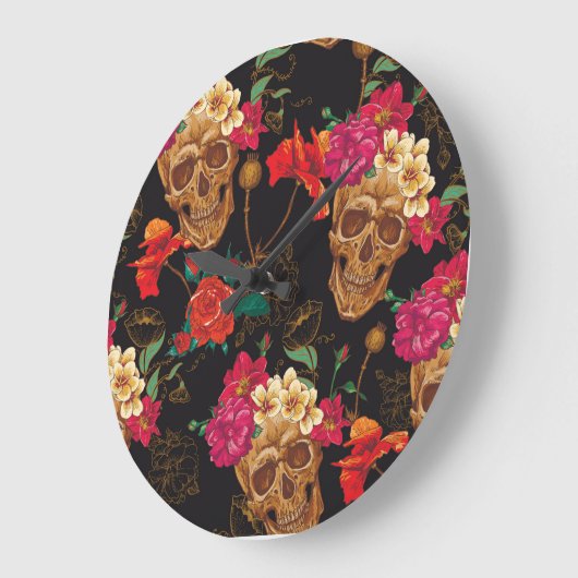 スカルの花:シームレスな暗い背景。 ラージ壁時計 (傾斜)