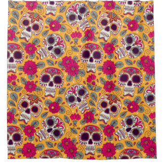 スカルの花：メキシコの日背景 シャワーカーテン