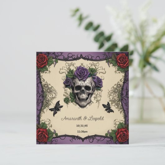 スカルの蛾とバラのゴシックハロウィン結婚ズ 招待状 (スタンド正面)