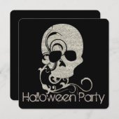 スカルの銀のグリッターの一見のハローウィンパーティの招待 招待状 (正面/裏面)
