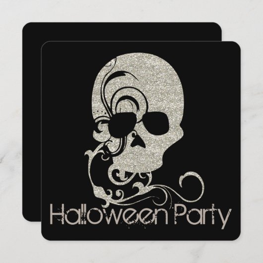スカルの銀のグリッターの一見のハローウィンパーティの招待 招待状 (正面/裏面)
