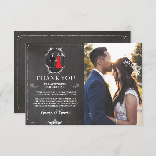 スカルの骨組ハロウィンは結婚式の写真感謝していしています サンキューカード (正面/裏面)