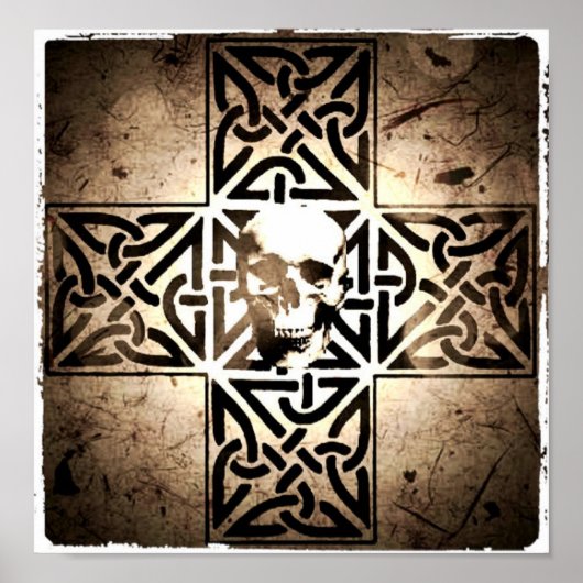 スカルのCeltic Cross Black, Sepia, Aged Poster ポスター (正面)