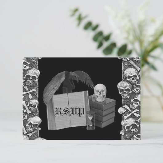 スカルのSpellbookの黒く及び白いロマンスの結婚式 出欠カード (スタンド正面)