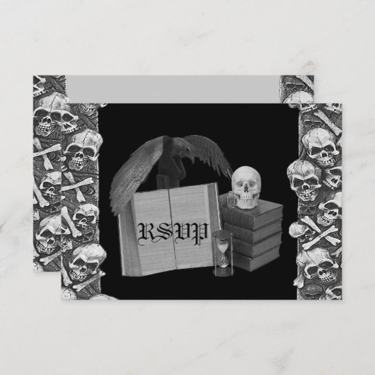 スカルのSpellbookの黒く及び白いロマンスの結婚式 出欠カード (正面/裏面)