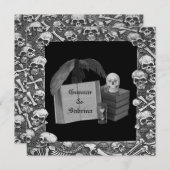 スカルのSpellbookの黒く及び白いロマンスの結婚式 招待状 (正面/裏面)