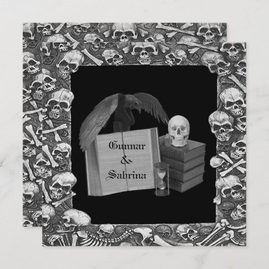 スカルのSpellbookの黒く及び白いロマンスの結婚式 招待状 (正面/裏面)