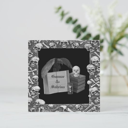 スカルのSpellbookの黒く及び白いロマンスの結婚式 招待状 (スタンド正面)