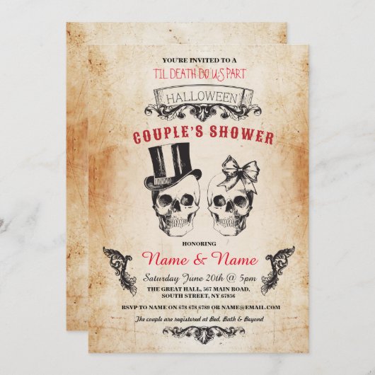 スカルはブライダル・シャワーのハロウィンのゴシック様式招待をつなぎます 招待状 (正面/裏面)