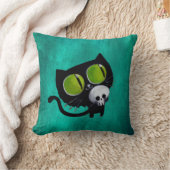 スカルを搭載するハロウィン黒い猫 クッション (ブランケット)