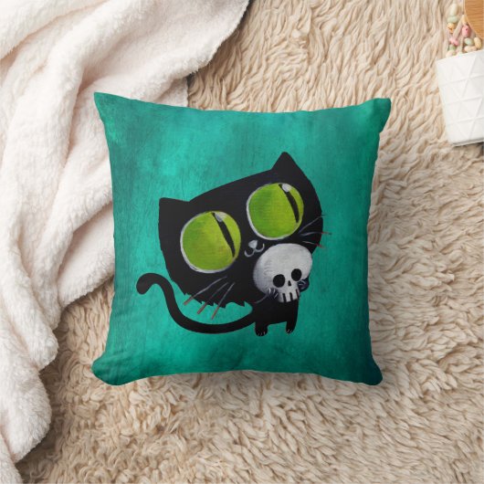 スカルを搭載するハロウィン黒い猫 クッション (ブランケット)