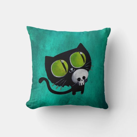 スカルを搭載するハロウィン黒い猫 クッション (正面)