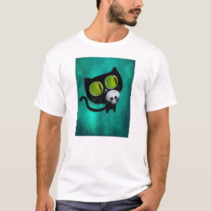 スカルを搭載するハロウィン黒い猫 Tシャツ