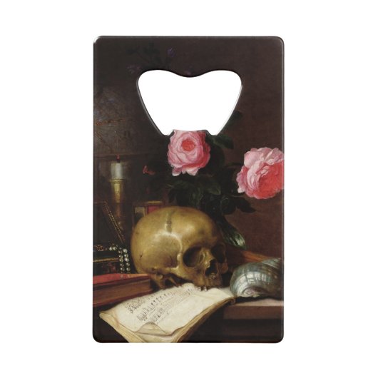 スカルを搭載する静物画 クレジットカード栓抜き (正面)