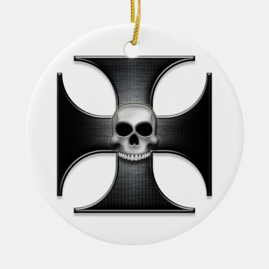 スカルを搭載する黒い鉄の十字 セラミックオーナメント (正面)