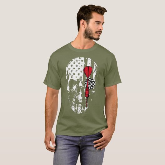 スカルアメリカ国旗のダーツボード投げスポーツ Tシャツ (正面フル)