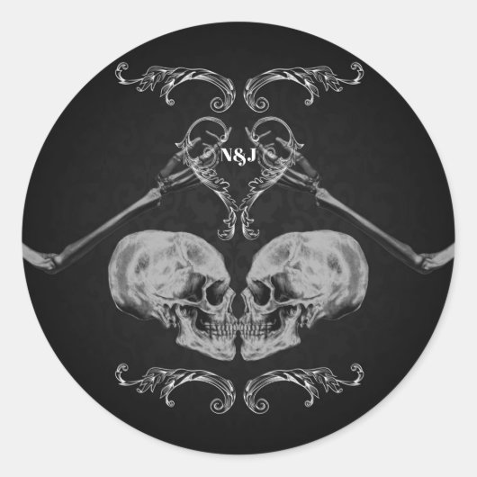 "スカルイン・ラブ"ヴィンテージスケルトン結婚ブラック ラウンドシール (正面)