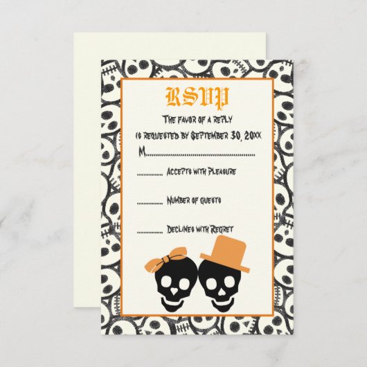 スカルエレガントハロウィーンのオレンジ色の結婚式RSVPカード 出欠カード (正面/裏面)