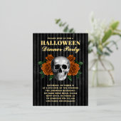 スカルオレンジバラハロウィンディナーパーティー金ゴールド 箔招待状ポストカード (立ち正面)