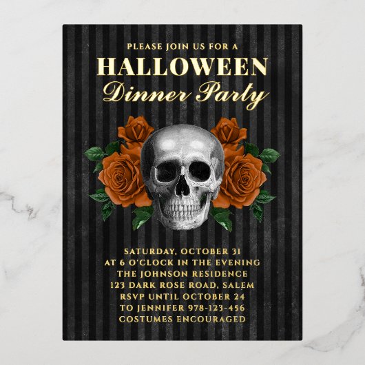 スカルオレンジバラハロウィンディナーパーティー金ゴールド 箔招待状ポストカード (正面)