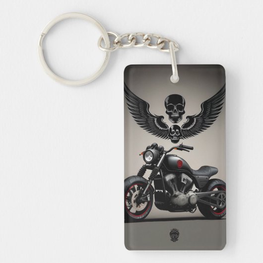 スカルカスタム及びウインググラフィック付き自動二輪車 キーホルダー (正面)