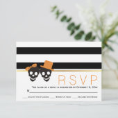 スカルカップルとストライプハロウィーン結婚式RSVP 出欠カード (スタンド正面)