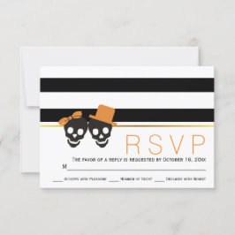 スカルカップルとストライプハロウィーン結婚式RSVP 出欠カード