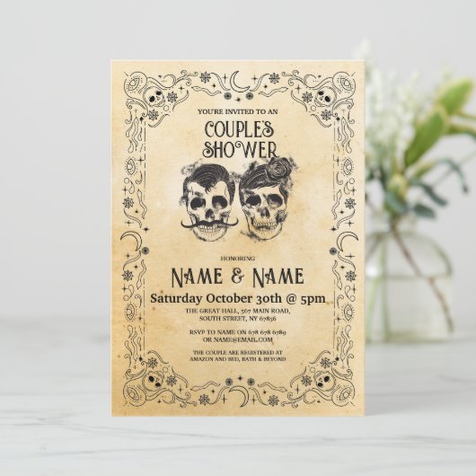 スカルカップルのシャワーパーティーハロウィンゴシック 招待状 (スタンド正面)