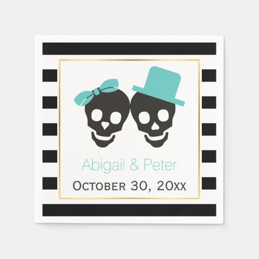 スカルカップルストライプとアクアハロウィン結婚ズ スタンダードカクテルナプキン (正面)
