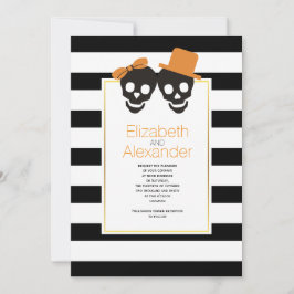 スカルカップルストライプとオレンジのハロウィン結婚ズ 招待状