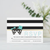 スカルカップルストライプアクアハロウィーン結婚式RSVP 出欠カード (スタンド正面)