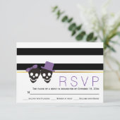 スカルカップルストライプパープルハロウィーン結婚式RSVP 出欠カード (スタンド正面)