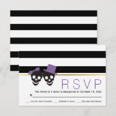 スカルカップルストライプパープルハロウィーン結婚式RSVP 出欠カード (正面/裏面)