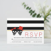 スカルカップルストライプ、赤ハロウィーン結婚式RSVP 出欠カード (スタンド正面)