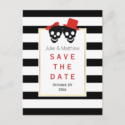 スカルカップルハロウィーン赤い結婚式の日付を保存 案内ポストカード (正面)
