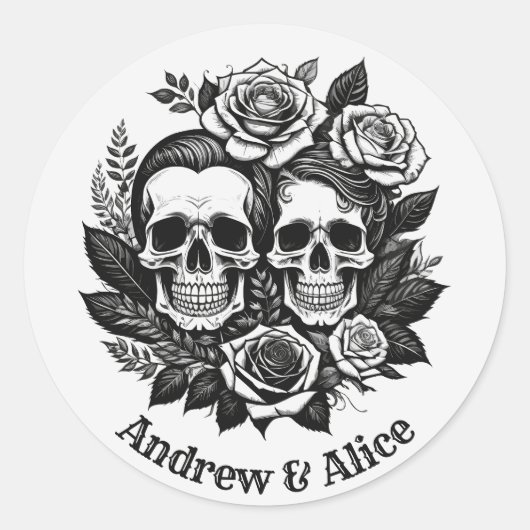 スカルカップル名前をカスタムするTシャツ ラウンドシール (正面)
