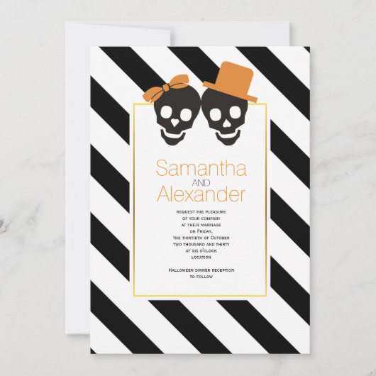 スカルカップル白黒ストライプトレンディーハロウィーン 招待状 (正面)