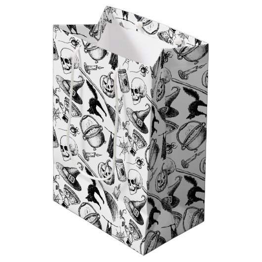 スカルカボチャのブロームスティックこうもりハロウィーン ミディアムペーパーバッグ (正面アングル)