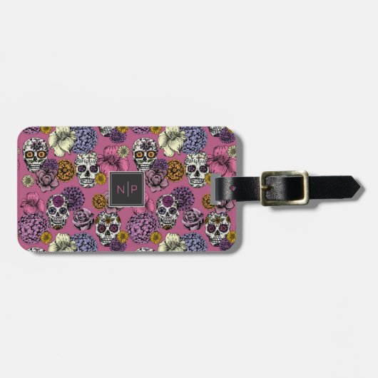 スカルカラフルトレンディーモノグラムピンクラゲッジタグ ラゲッジタグ (正面横)