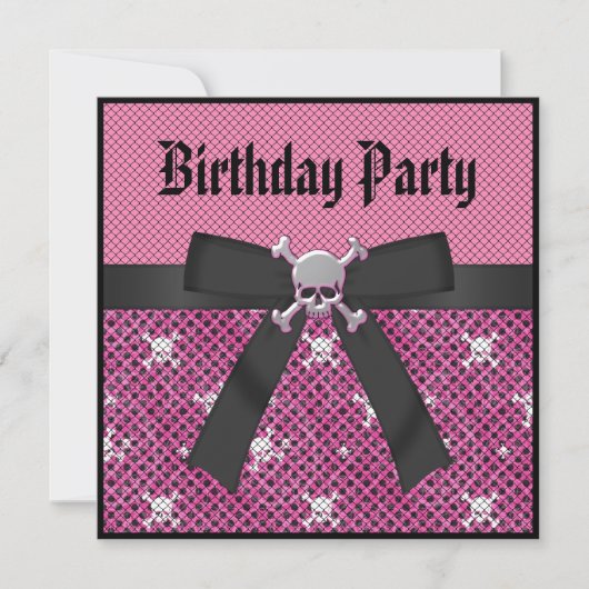 スカルガーリー&水玉模様ピンク誕生日招待状 招待状 (正面)