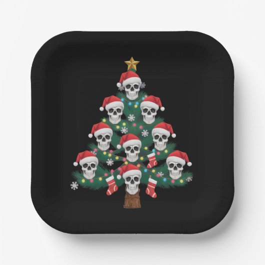 スカルクリスマスツリーパジャマクールスケルトンサンタ ペーパープレート (正面)