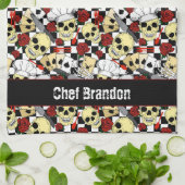 スカルクールシェフ帽子を着て赤いバラ市松模様にス キッチンタオル (折り畳み)