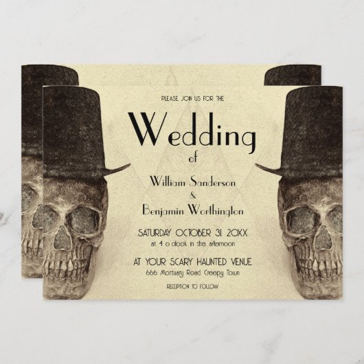 スカルゲイミスター・アンド・ミスター・ヴィンテージ・セピアレトロ結婚ズ 招待状 (正面/裏面)