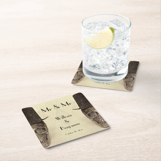 スカルゲイ氏とヴィンテージレトロセピア結婚ズ スクエアペーパーコースター (インサイチュ)